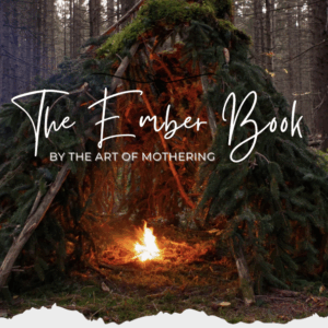 a fire sits inside a shelter contructed out of branches and pine bows